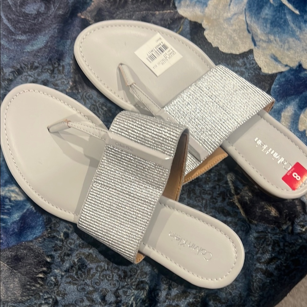 Calvin Klein Silver Sparkle Sandals with Rhinestone Strap